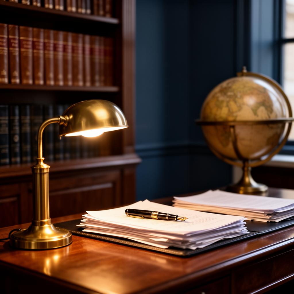 Boutique law office interior with bookshelves, brass lamp and globe