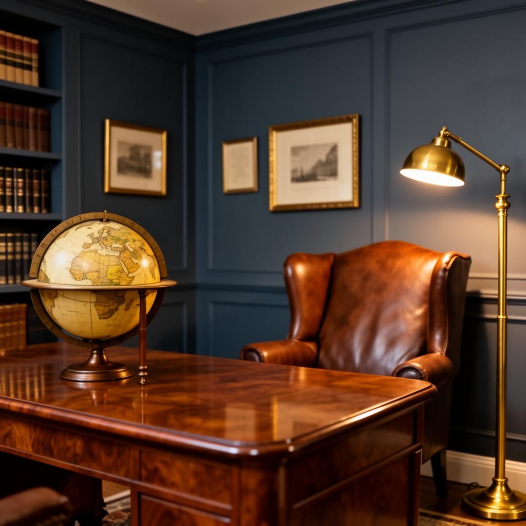 Refined law firm interior with antique globe and leather chair