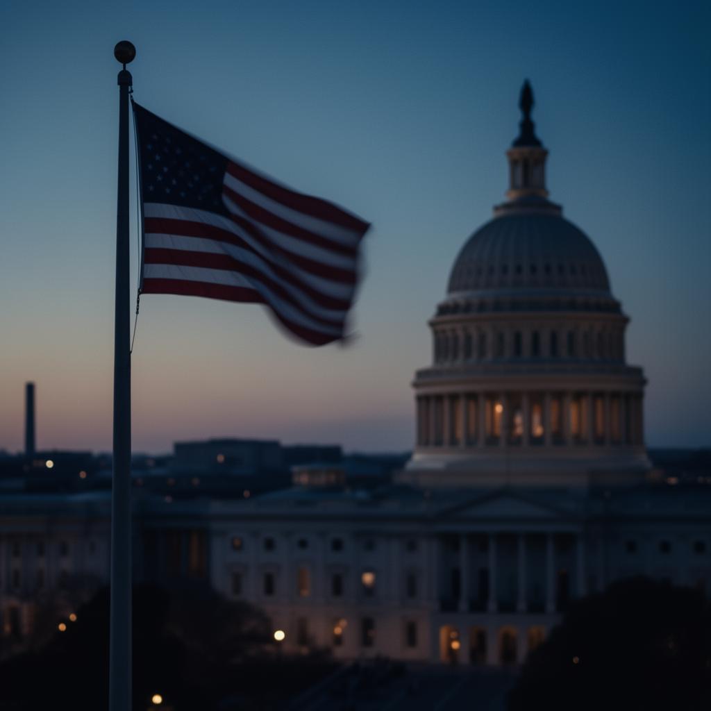 U.S. Capitol dome at dusk with American flag