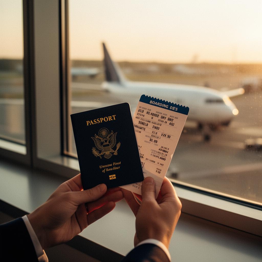 Hands holding a passport and boarding pass at an airport at golden hour