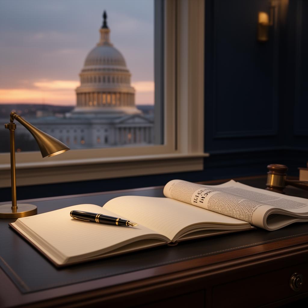 Researcher's desk with U.S. Capitol dome at dusk